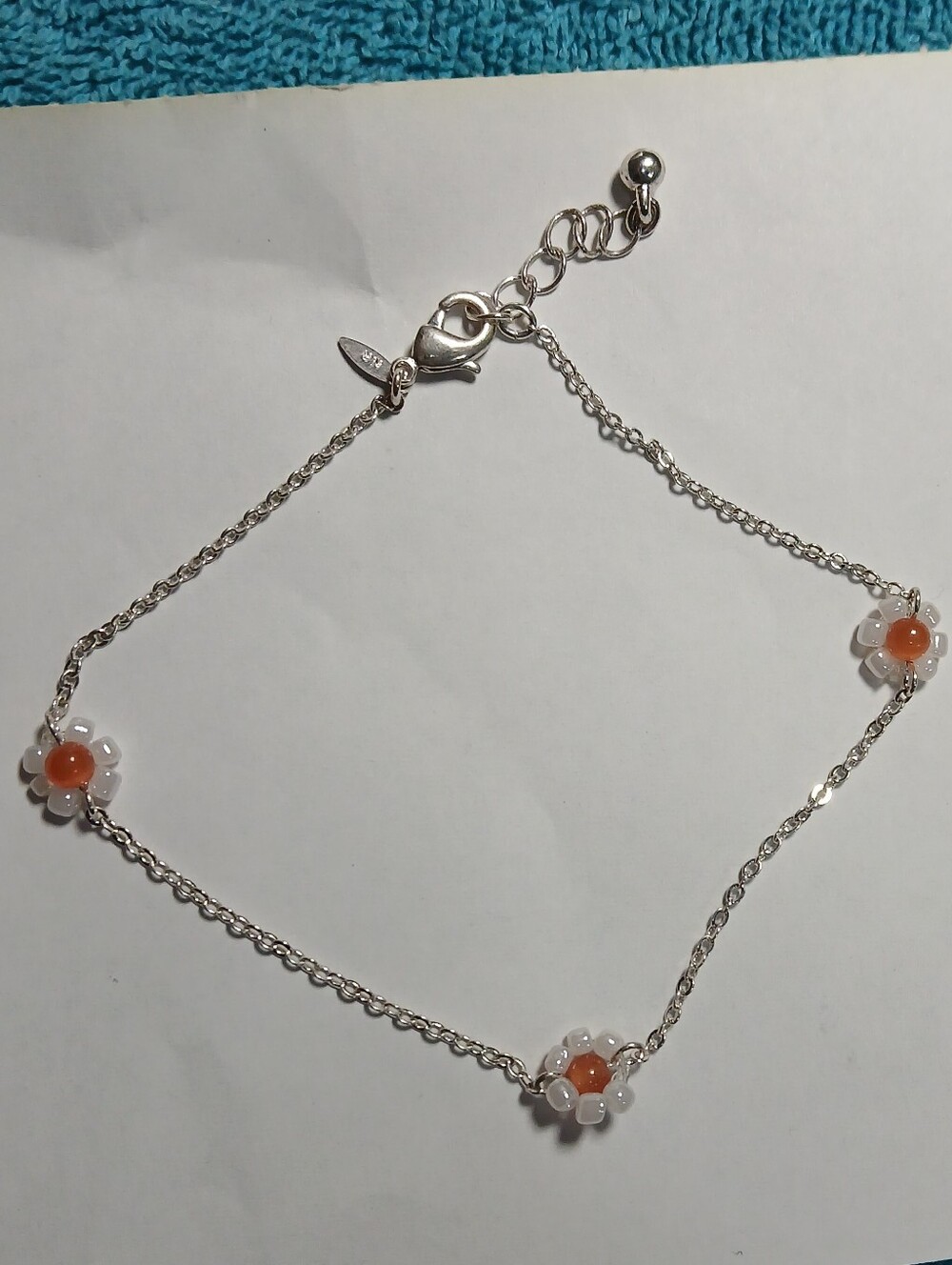Delicate Silver Chain Anklet with Orange And White Beaded Flower Beads